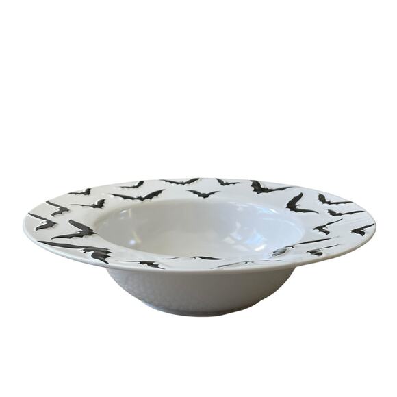 Halloween Embossed Bat Serving Bowl 13in Ceramic Black & White Spooky Boo NEW - Picture 2 of 13